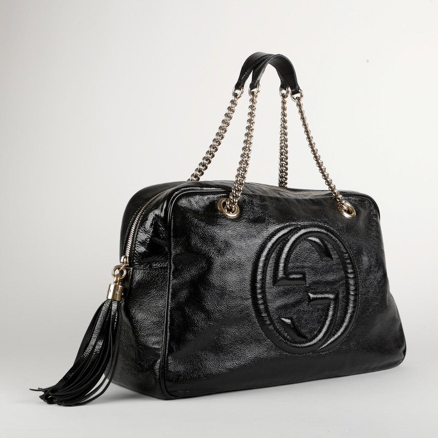 Soho Chain Zip Shoulder Bag, Black Patent Leather 10494