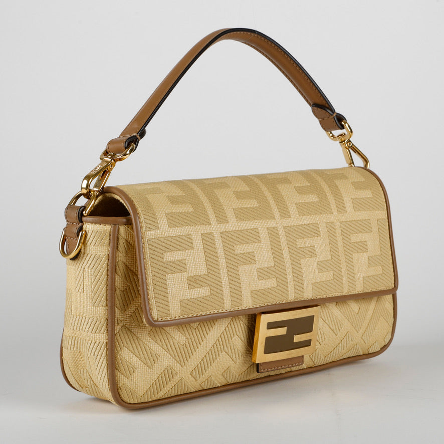 Medium Embroidered Raffia Baguette Beige Brown