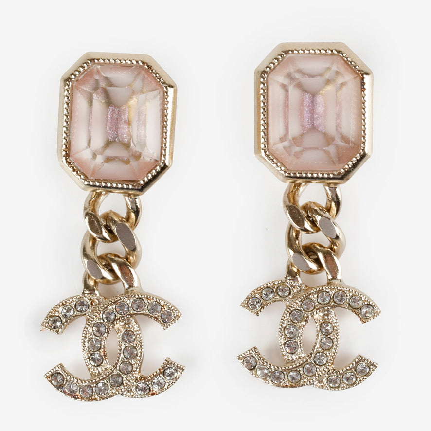 Crystal CC Chain Drop Earrings, Pink Gold Hardware