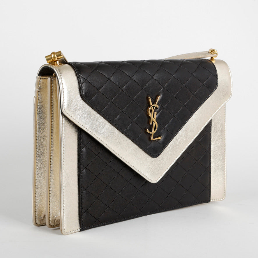 Medium Gaby Satchel, Gold Black Lambskin
