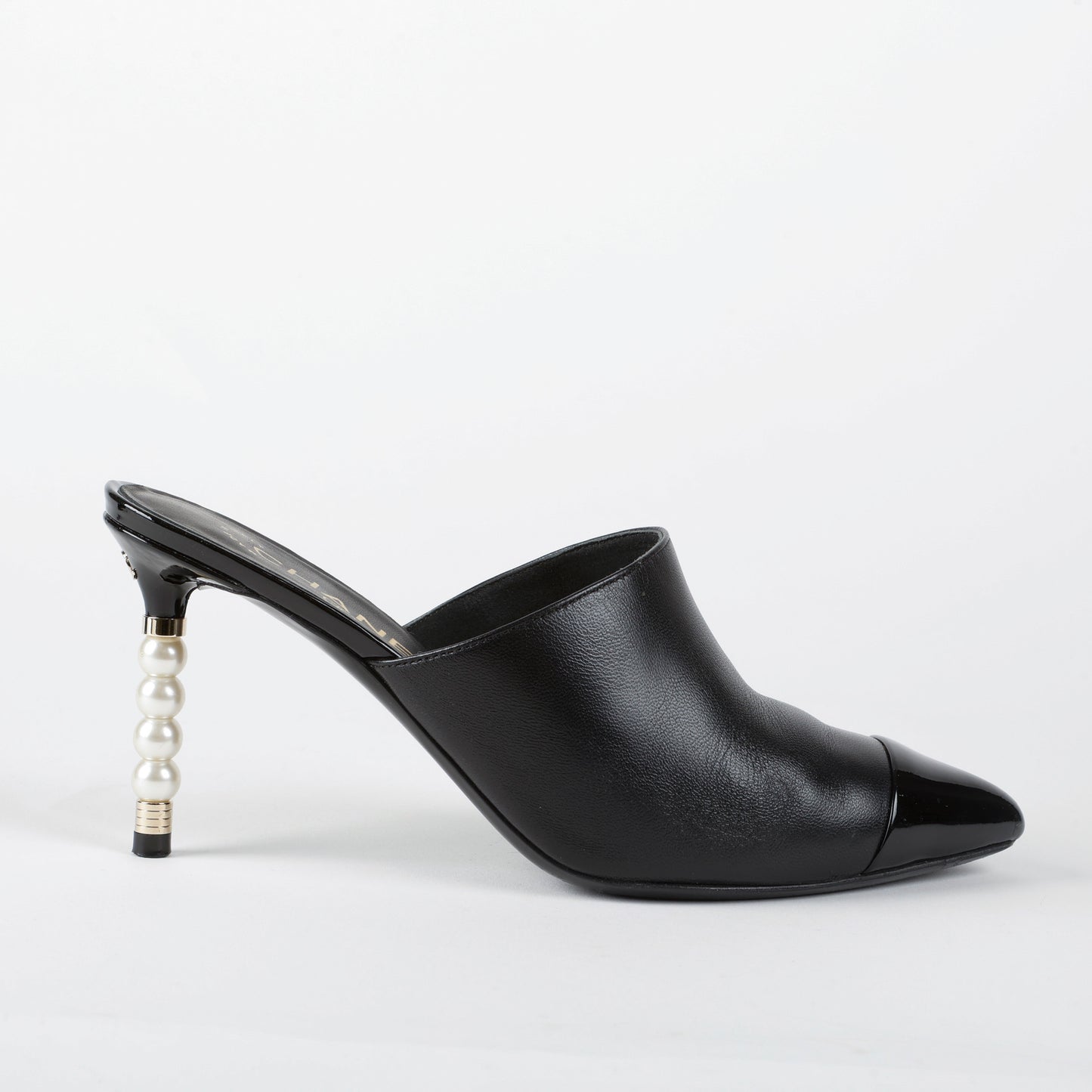 Black Pointed Toe Heeled Mule with Pearls