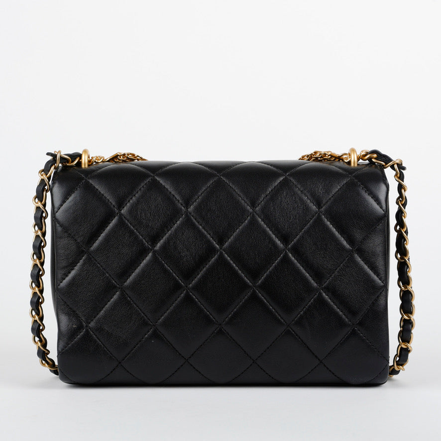CC Crystal Logo Chain Flap, Black Lambskin