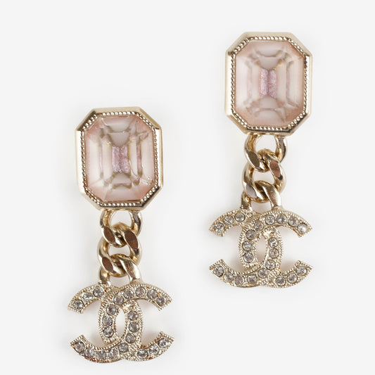 Crystal CC Chain Drop Earrings, Pink Gold Hardware