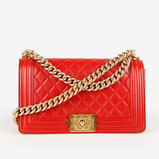 Old Medium Boy Bag, Red Lambskin Aged Gold Hardware