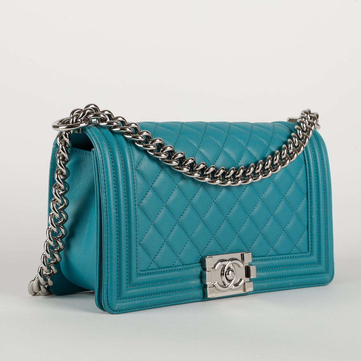 Old Medium Boy Bag, Turquoise Lambskin Light Gold Hardware