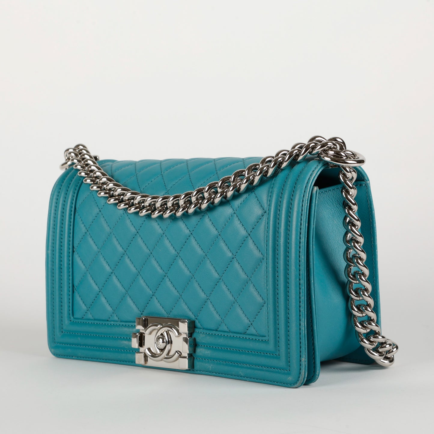Old Medium Boy Bag, Turquoise Lambskin Light Gold Hardware
