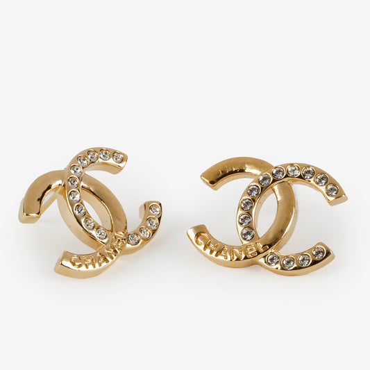 Double CC Earrings, Gold Crystal