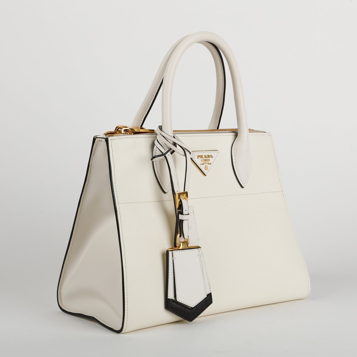 Paradigme City Bag, Black White Saffiano Leather