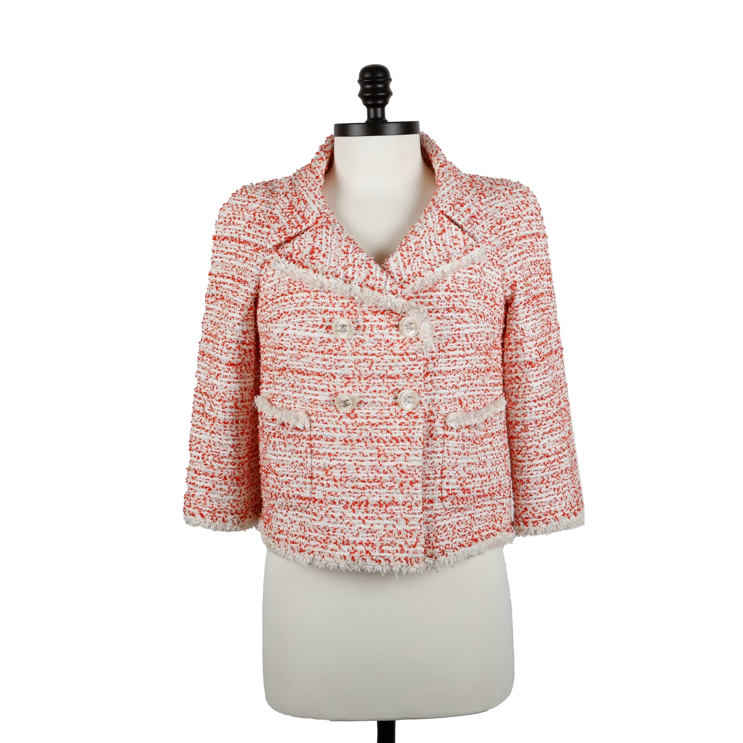 Coral Red White Cropped Tweed Jacket