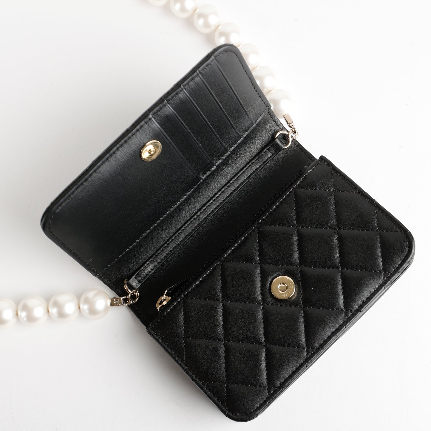 Mini Pearl Wallet On Chain, Black Lambskin