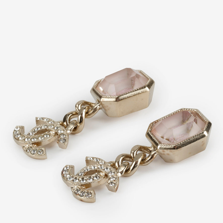 Crystal CC Chain Drop Earrings, Pink Gold Hardware