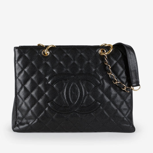 Grand Shopping Tote, Black Caviar Gold Hardware