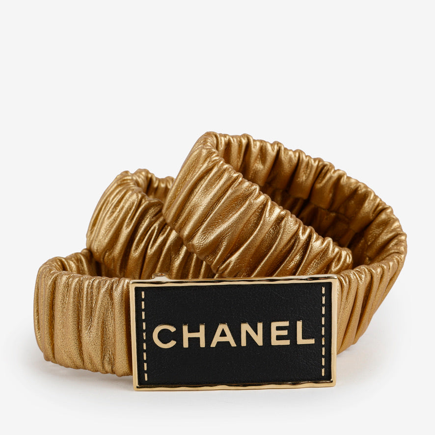 Gold Metallic Lambskin Ruched Logo Belt Size 75