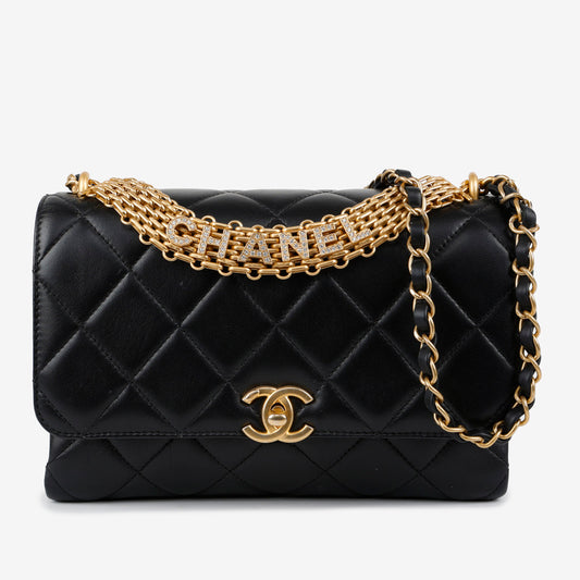 CC Crystal Logo Chain Flap, Black Lambskin