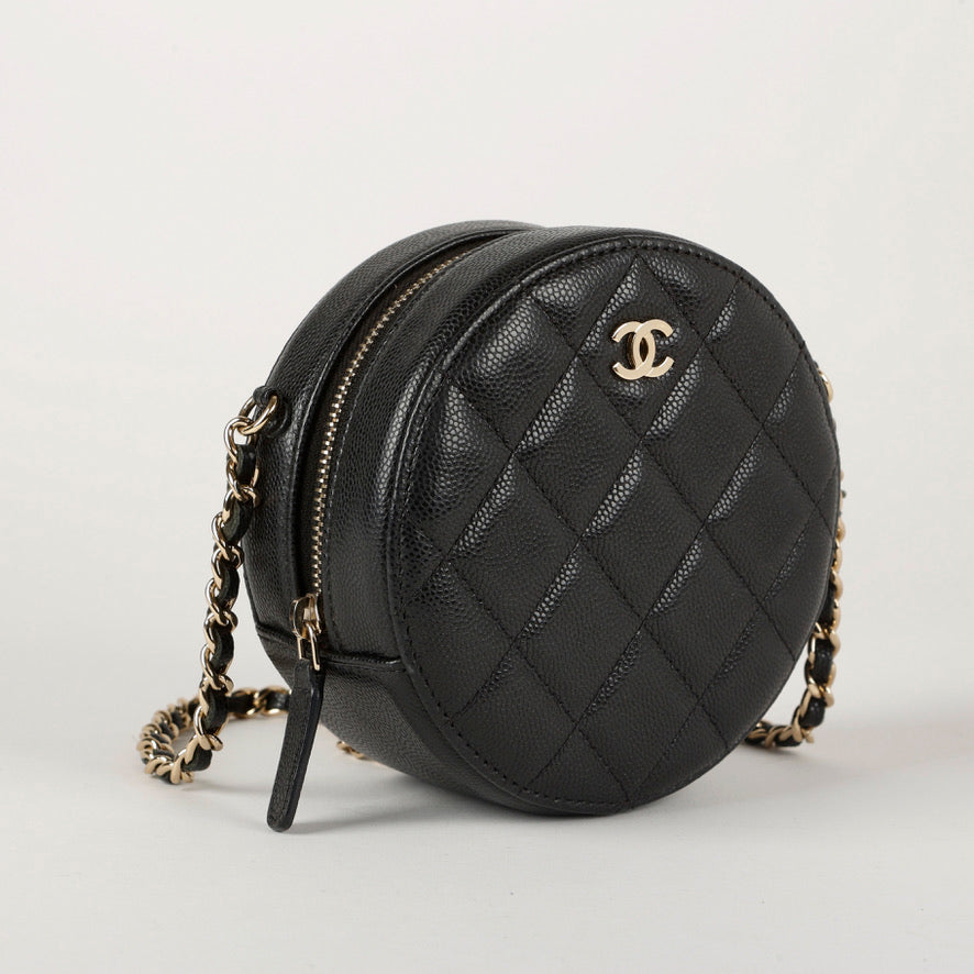 Mini Round Clutch On Chain, Black Caviar