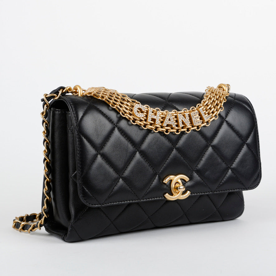 CC Crystal Logo Chain Flap, Black Lambskin