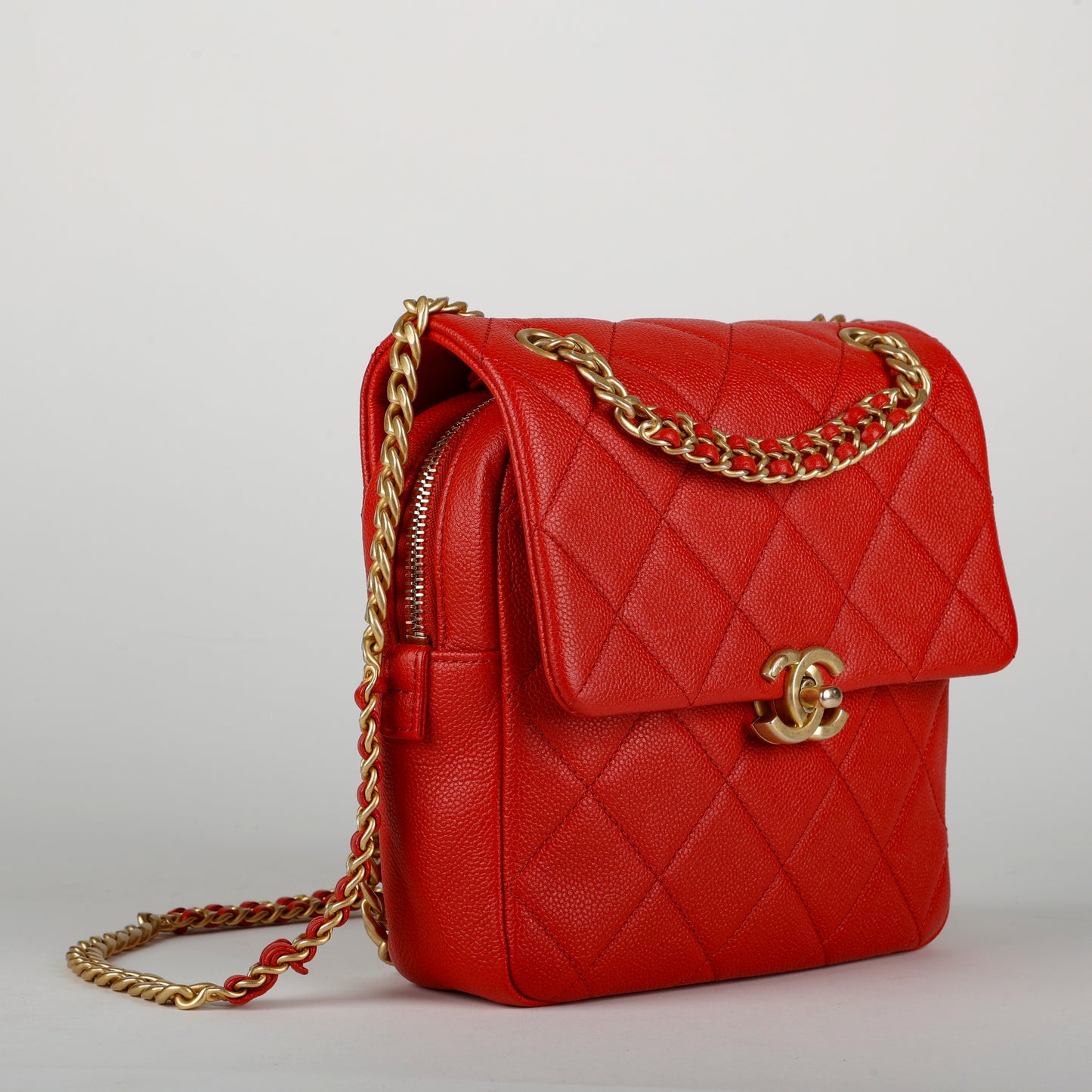 Quilted Chain Melody Backpack, Red Caviar