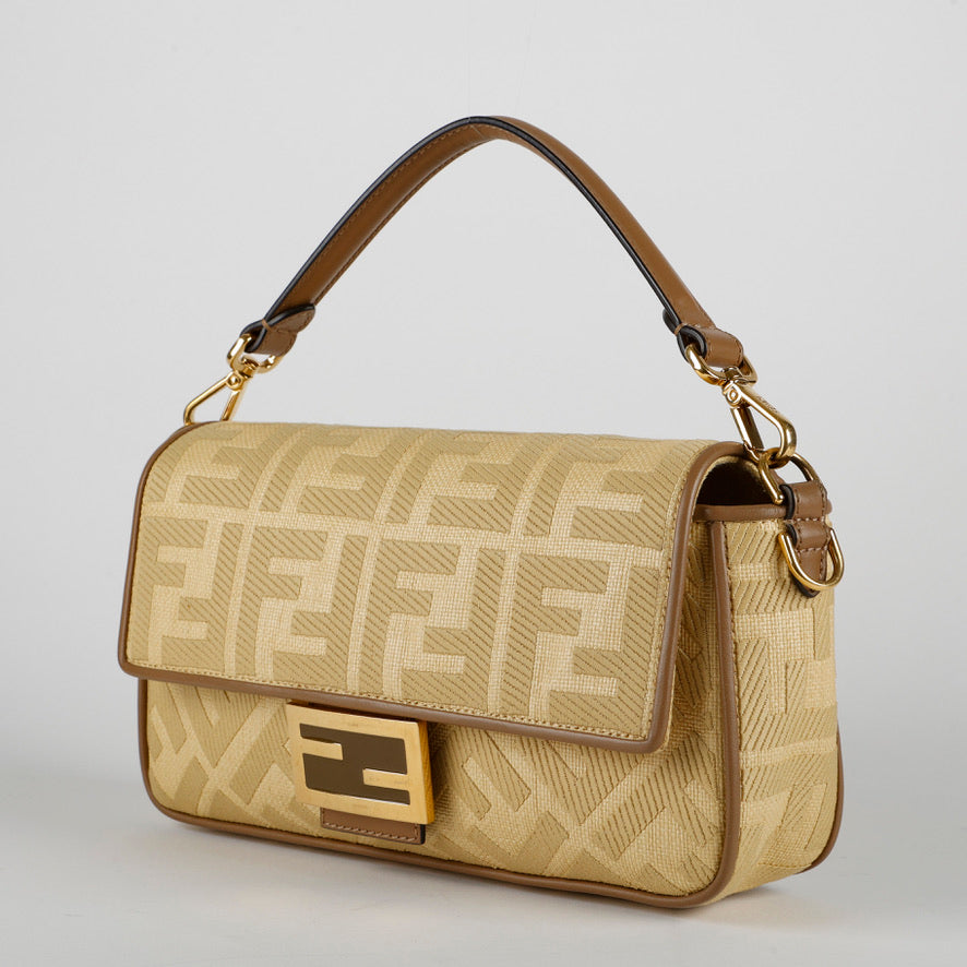 Medium Embroidered Raffia Baguette Beige Brown