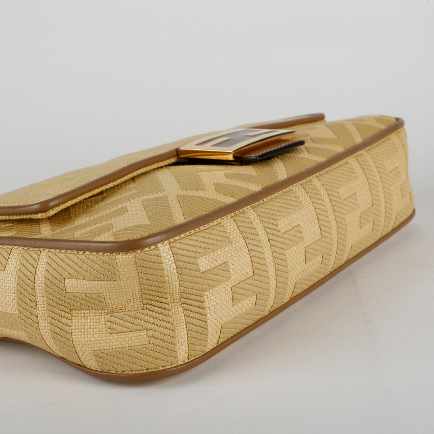 Medium Embroidered Raffia Baguette Beige Brown