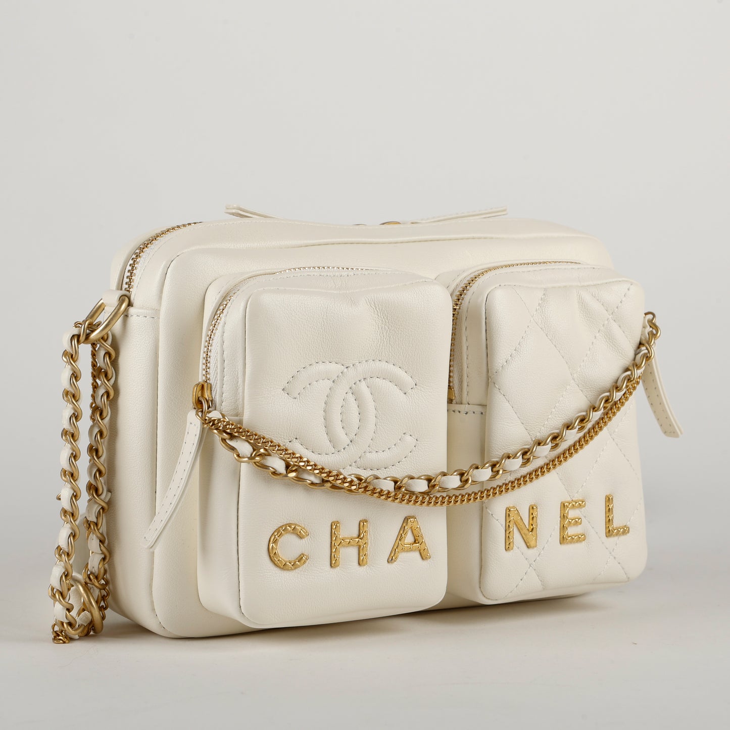 Small Camera Bag, White Lambskin