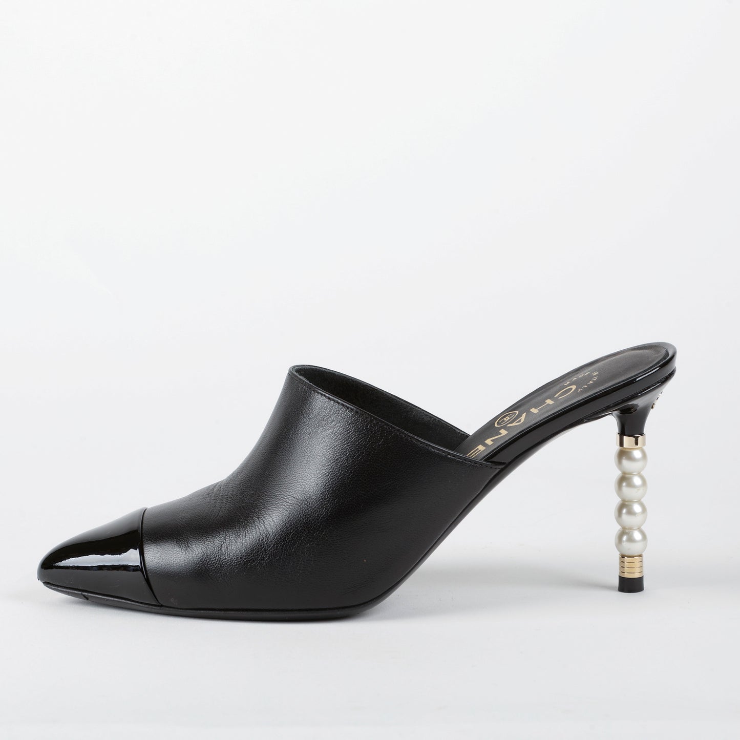 Black Pointed Toe Heeled Mule with Pearls
