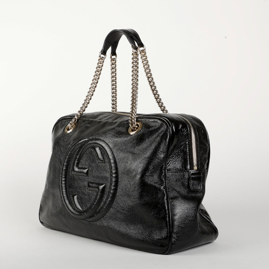 Soho Chain Zip Shoulder Bag, Black Patent Leather 10494