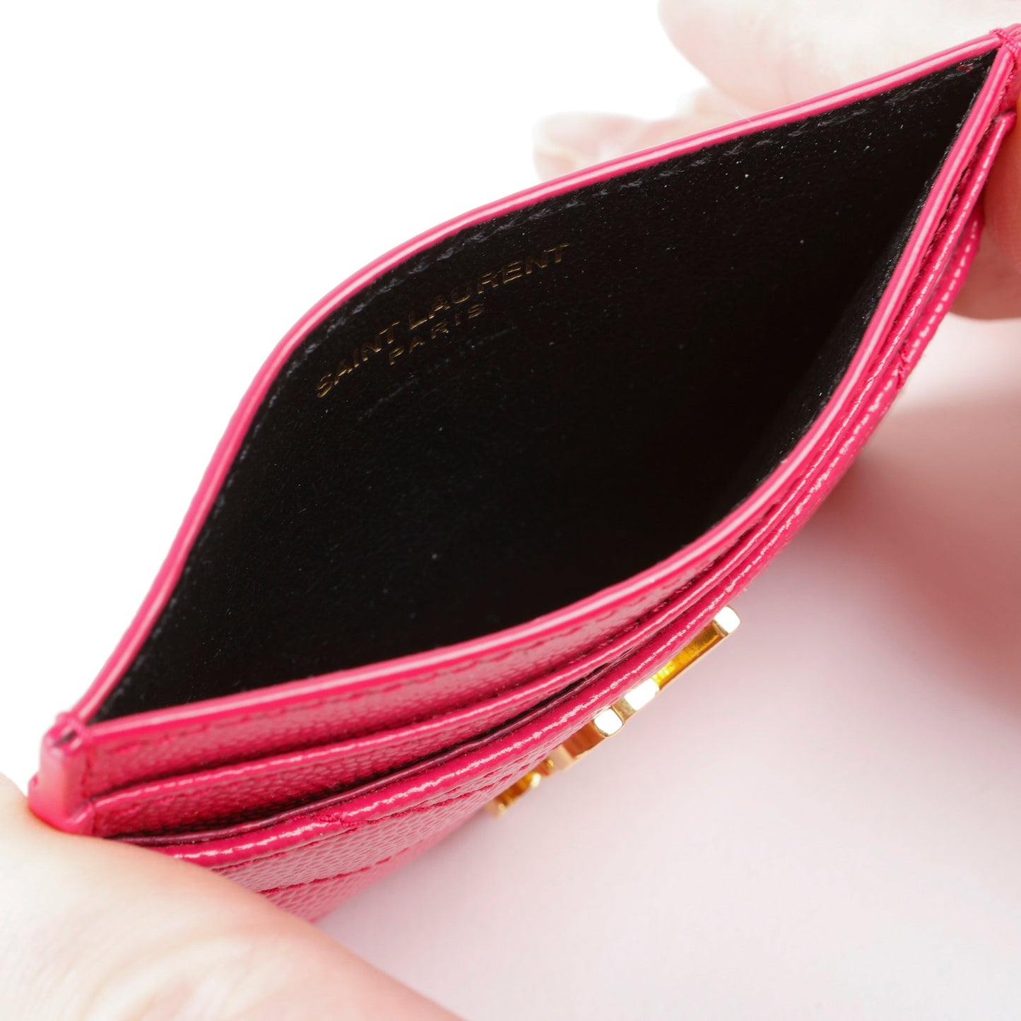 Card Holder, Pink Grain de Poudre Gold Hardware