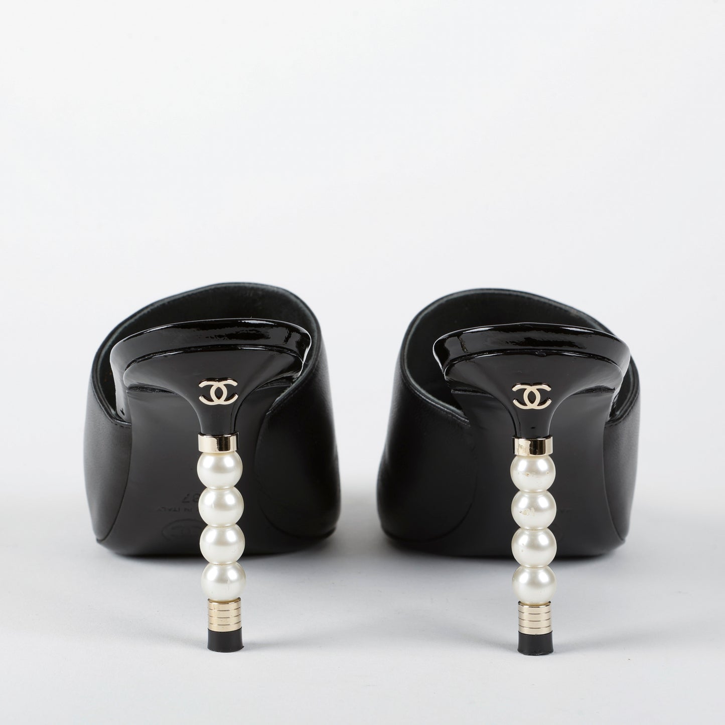Black Pointed Toe Heeled Mule with Pearls