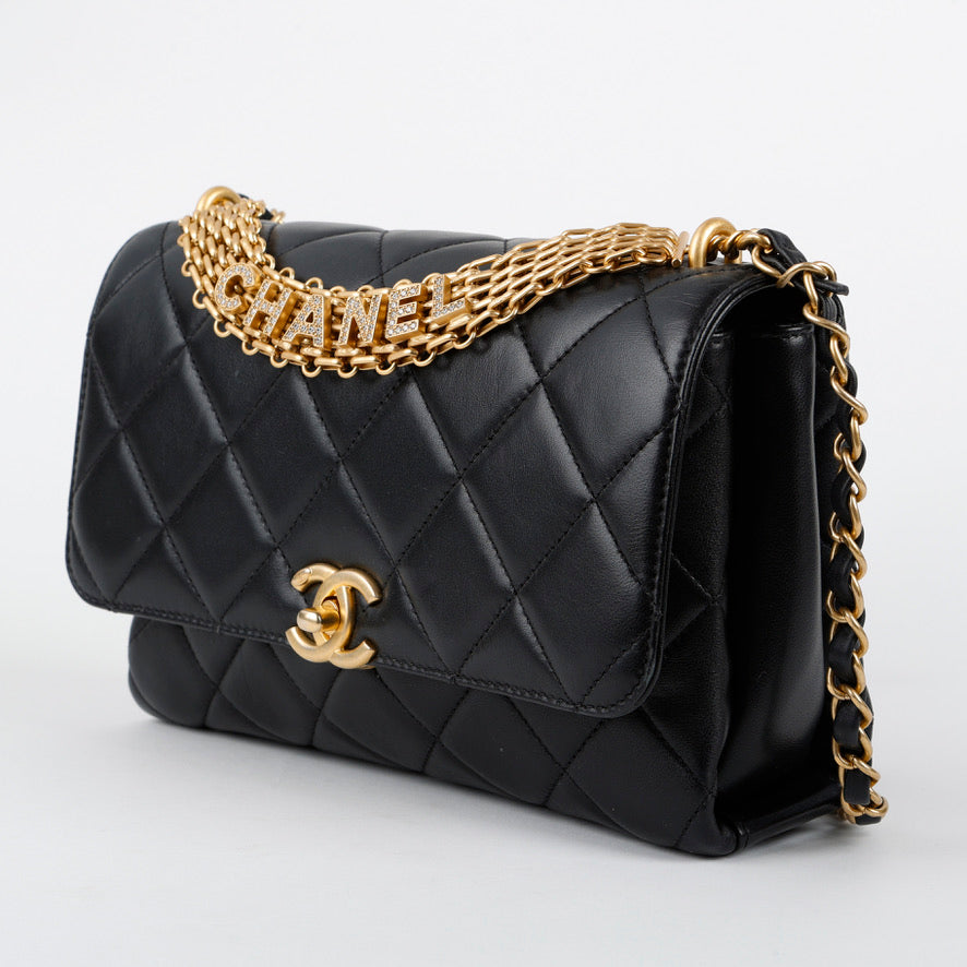 CC Crystal Logo Chain Flap, Black Lambskin