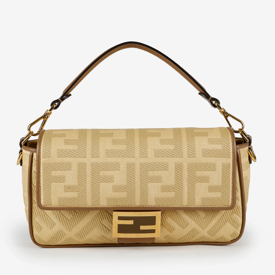 Medium Embroidered Raffia Baguette Beige Brown