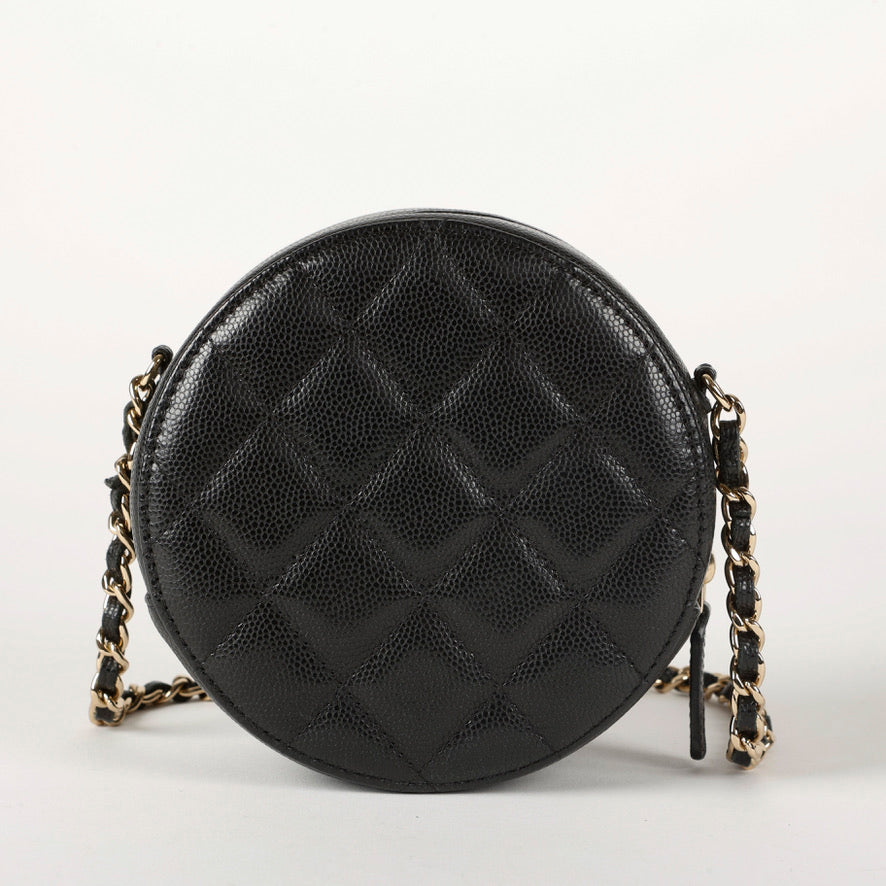 Mini Round Clutch On Chain, Black Caviar