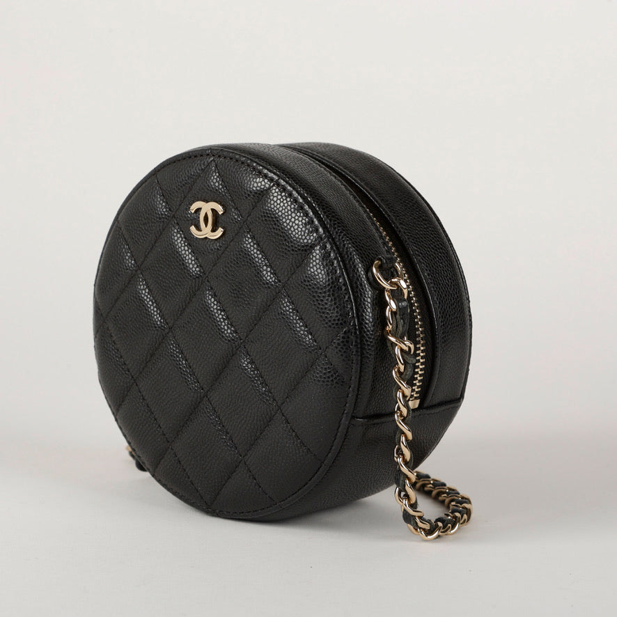 Mini Round Clutch On Chain, Black Caviar