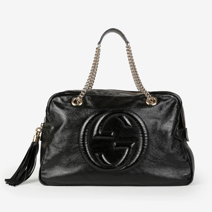 Soho Chain Zip Shoulder Bag, Black Patent Leather 10494