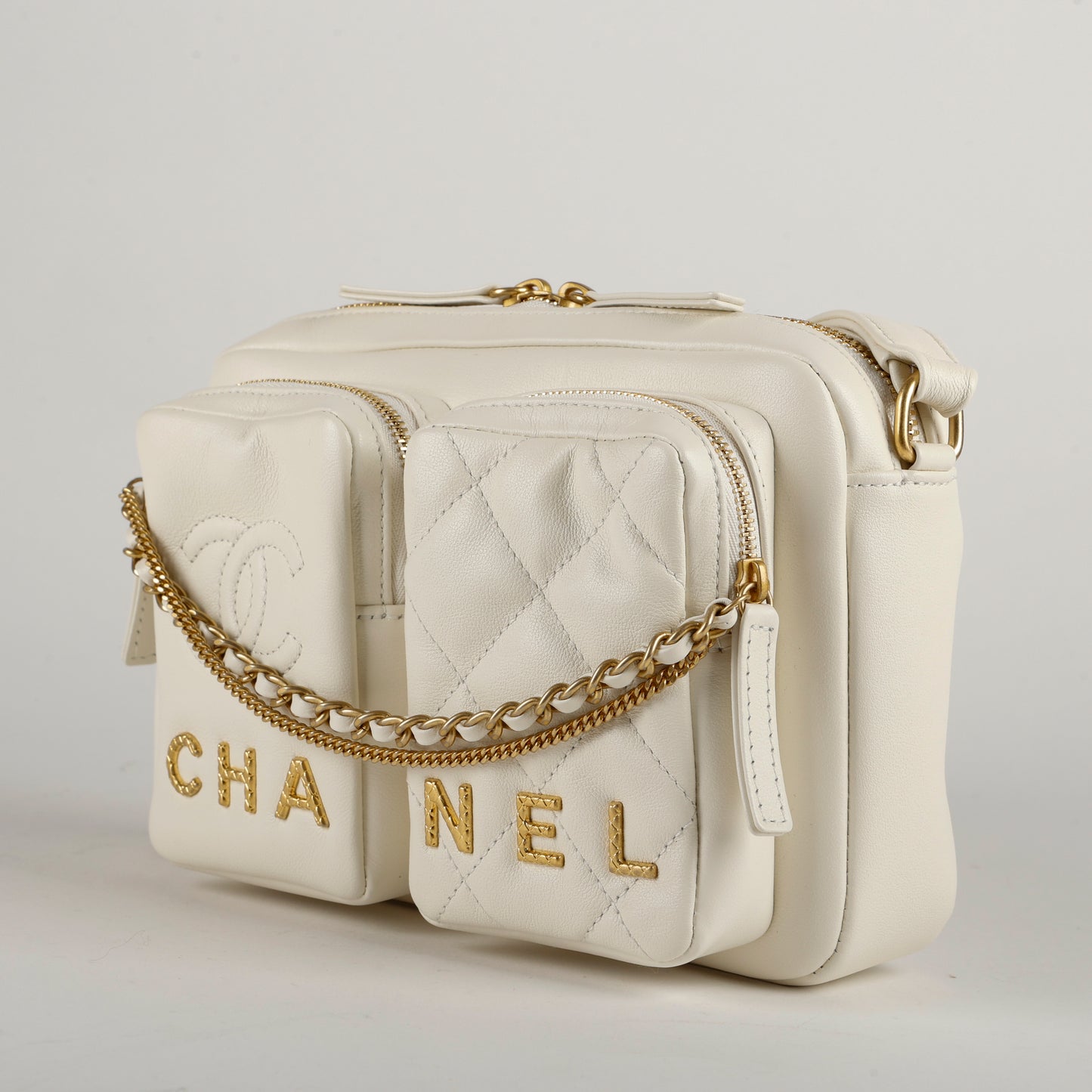 Small Camera Bag, White Lambskin