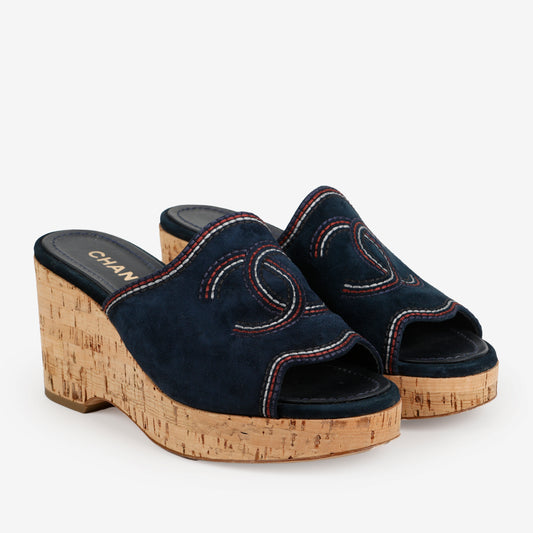 Cork Platform Wedges Suede, Navy