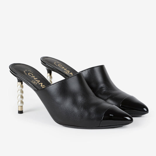 Black Pointed Toe Heeled Mule with Pearls