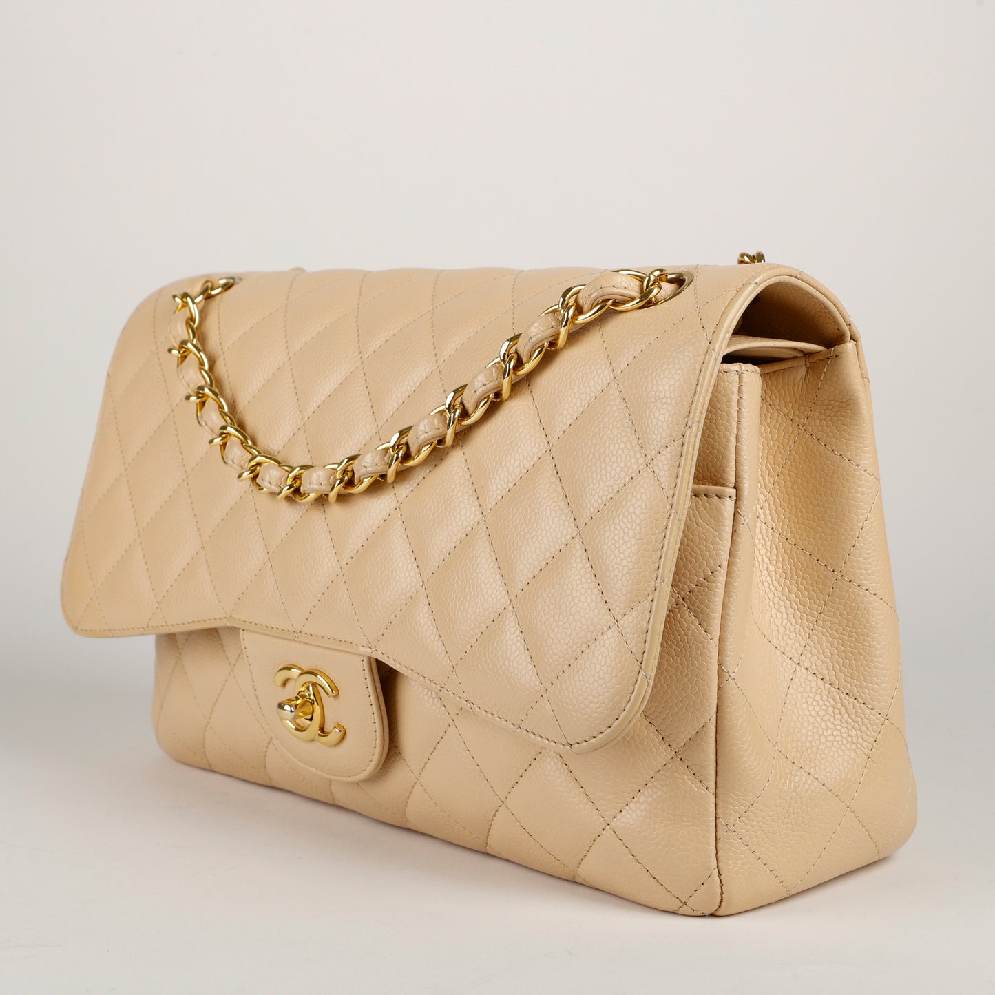 Beige Claire Caviar Jumbo Double Flap, Gold Hardware