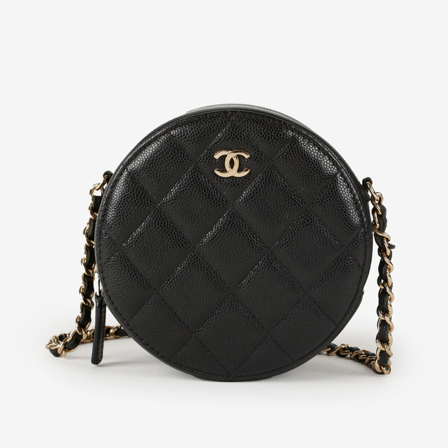 Mini Round Clutch On Chain, Black Caviar