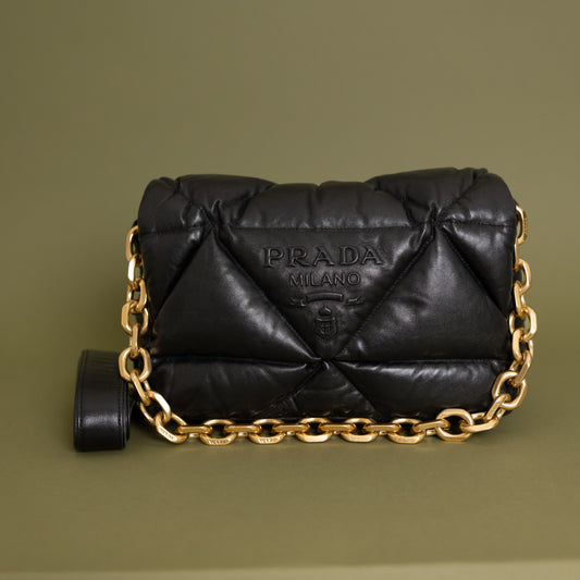 Nappa Soft Padded Logo Embossed Triangle Quilted Bag Black