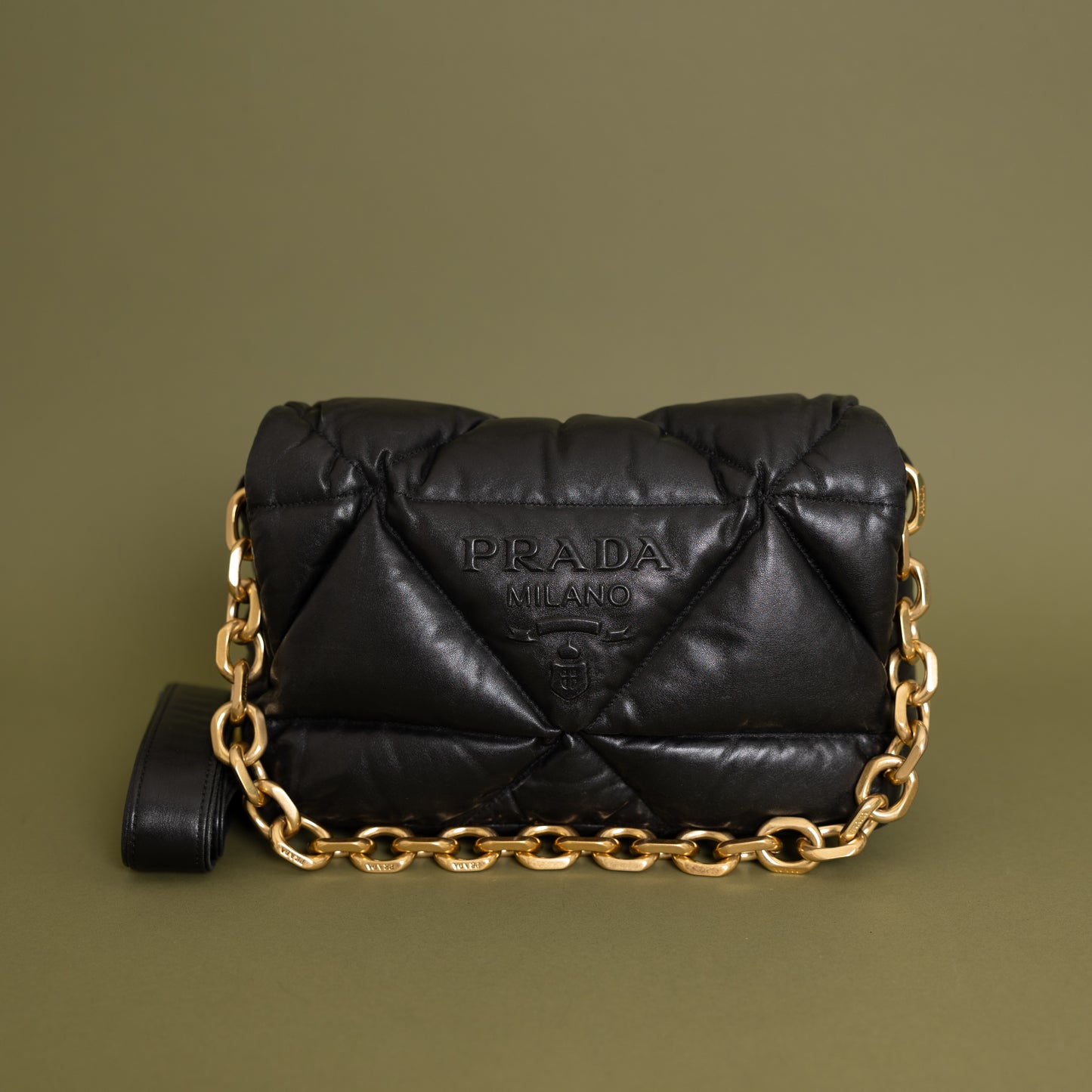 Nappa Soft Padded Logo Embossed Triangle Quilted Bag Black