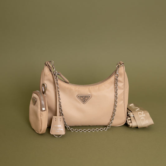 Small Re-Edition Hobo Crossbody, Beige Nylon 9955