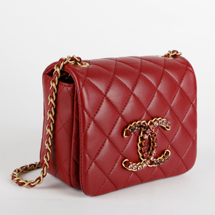 Mini Crystal CC Flap Bag, Burgundy Lambskin