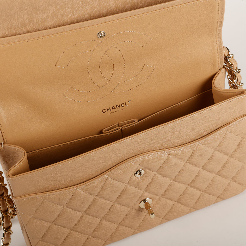 Jumbo Double Flap, Dark Beige Caviar Gold Hardware