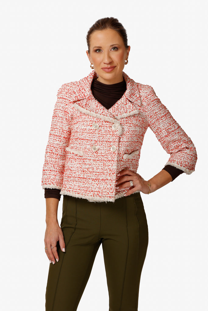 Coral Red White Cropped Tweed Jacket