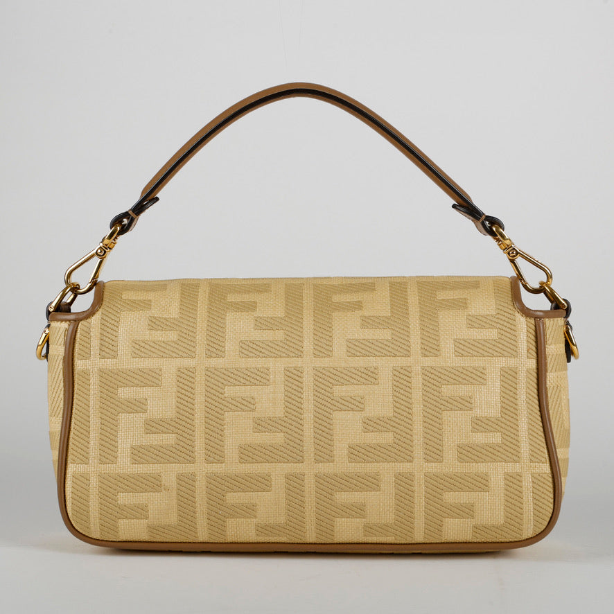 Medium Embroidered Raffia Baguette Beige Brown