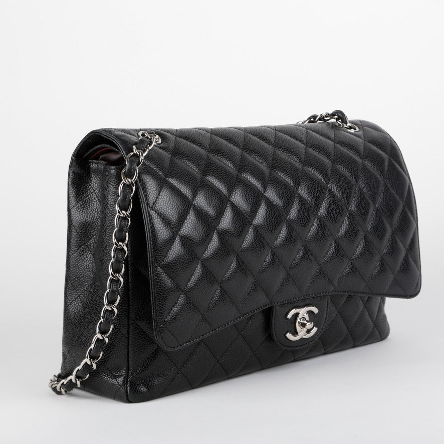 Maxi Double Flap, Black Caviar Silver Hardware