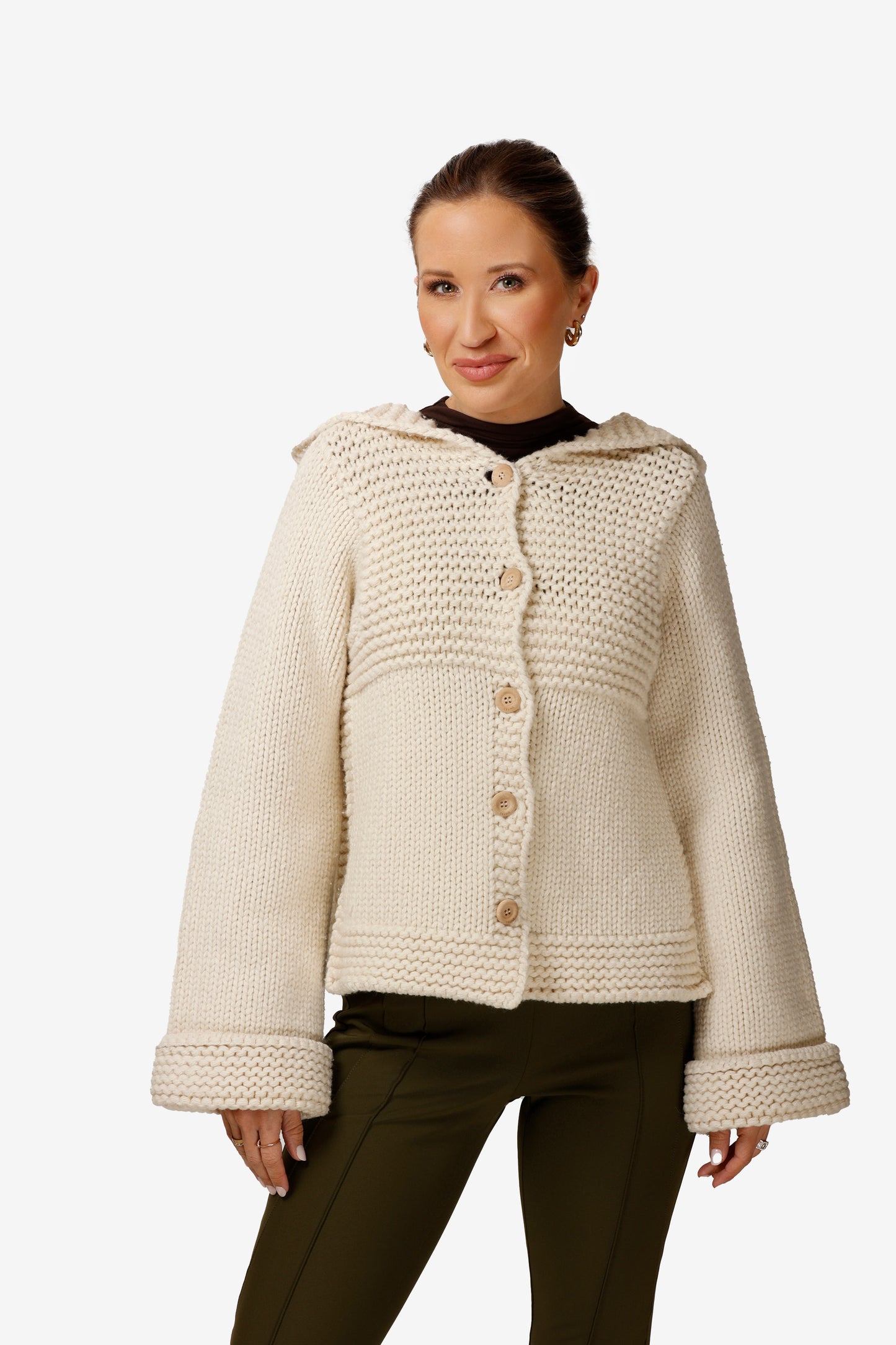 Button Up Crochet Hoodie Sweater, Cream (Size S)