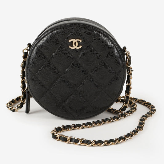 Mini Round Clutch On Chain, Black Caviar