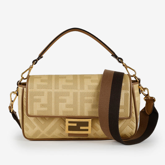 Medium Embroidered Raffia Baguette Beige Brown