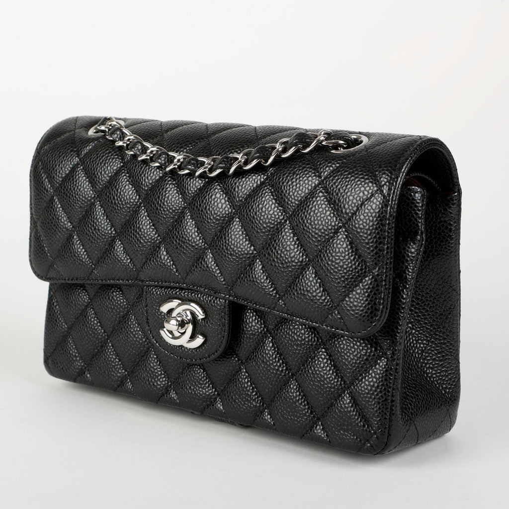 Black Caviar Small Double Flap Silver Hardware